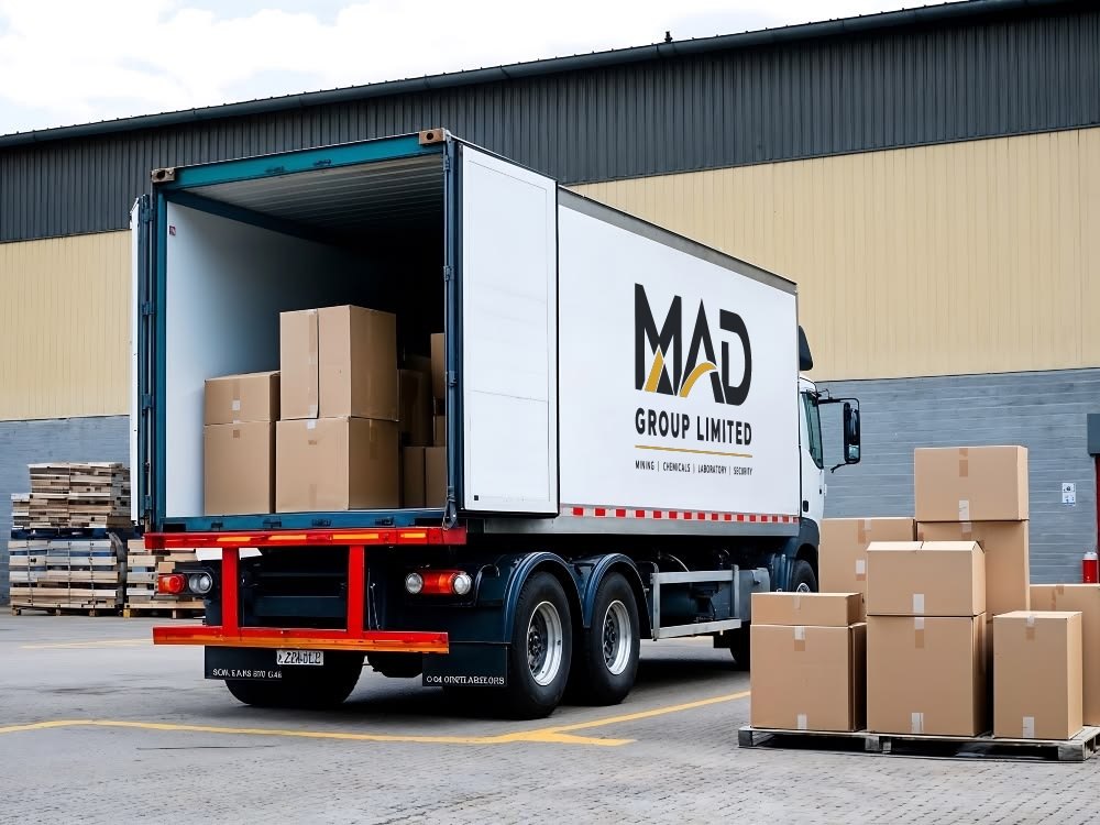 MAD Group Limited branded delivery truck being loaded at a warehouse