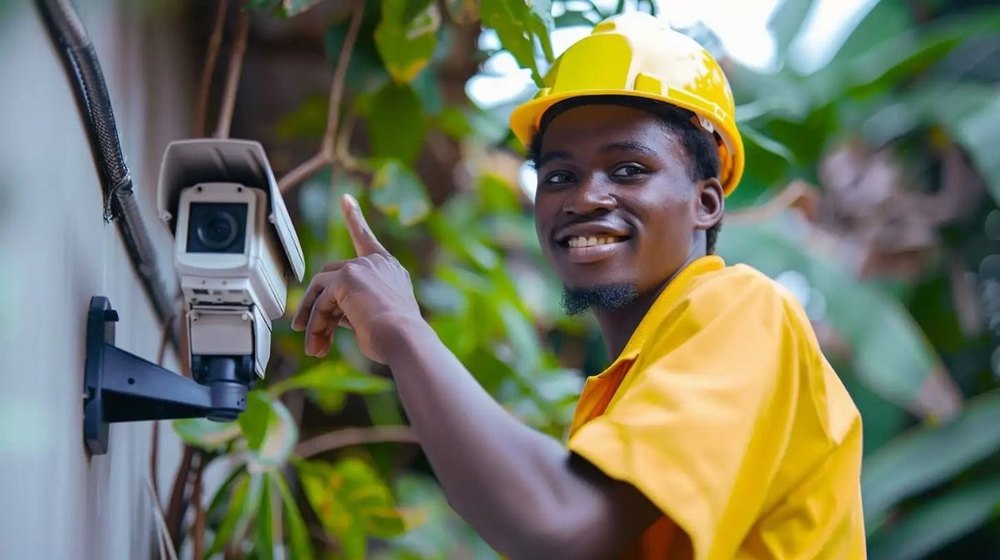 Technician in a yellow helmet pointing to a newly installed CCTV camera outside a home