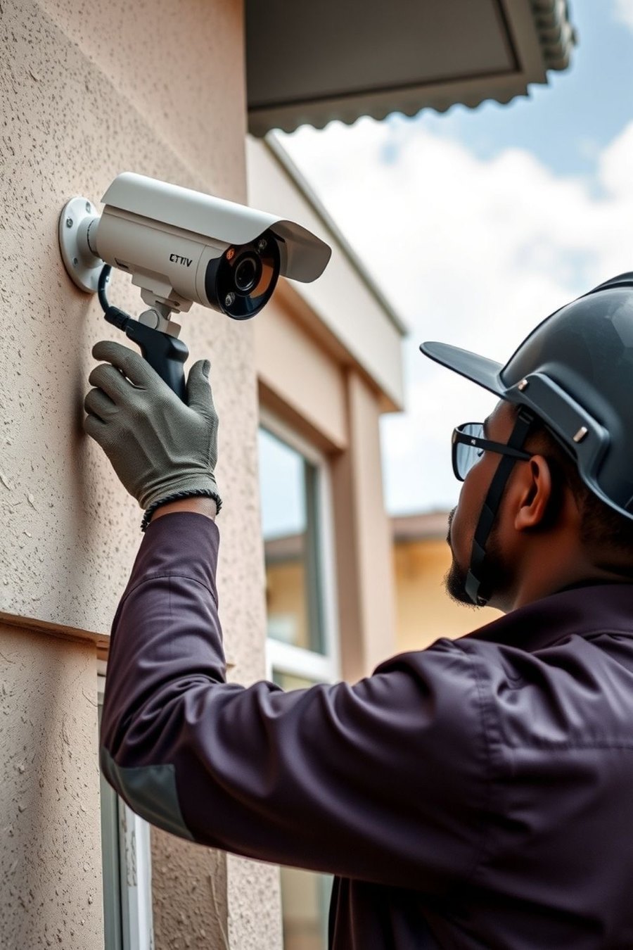 Technician mounting a bullet CCTV camera on the outside wall of an office building